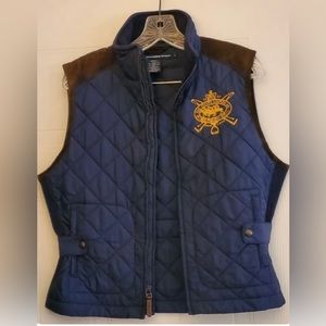 Ralph Lauren Sport Navy Blue Quilted Equestrian Zip Vest Calf Leather Trim  XL